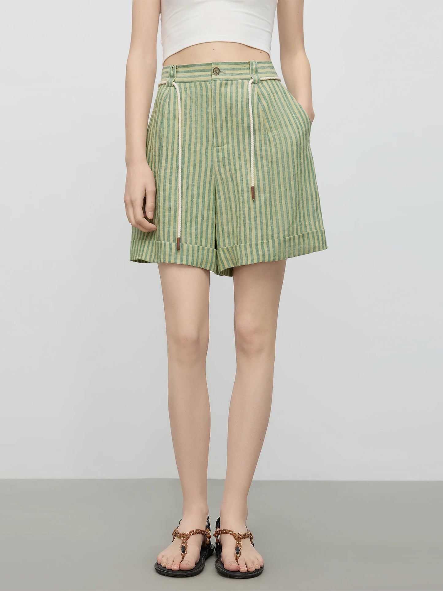 Linen Striped Top Shorts Suit Women Summer