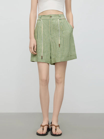 Linen Striped Top Shorts Suit Women Summer