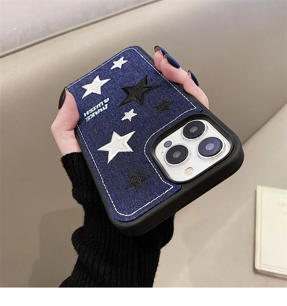 Cute Denim Fabric Embroidery Flower Winter Warm Phone Case For iPhone 15 14 13 12 11 16 Pro Max XS XR X Silicone Cover Protector