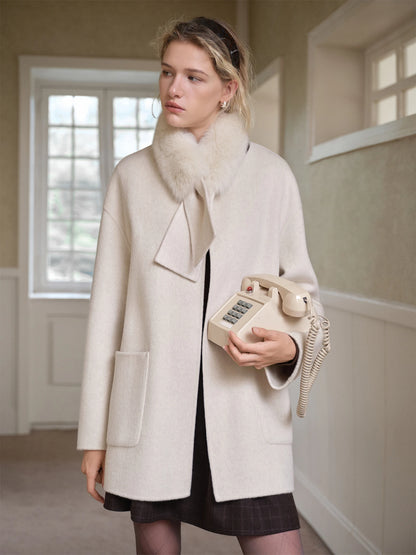 Wool-blend Coat Women Fox Fur Collar Thick Loose Mid Length for Winter