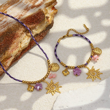 Set Hollowed Sun Pendant Charm Purple Flower Necklace Bracelet Cute Statement Daily's Jewelry