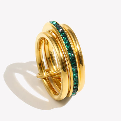New Design Green Color Rhinestone Three Layers Rings 316L Stainless Steel Fashion Women Waterproof Jewelry