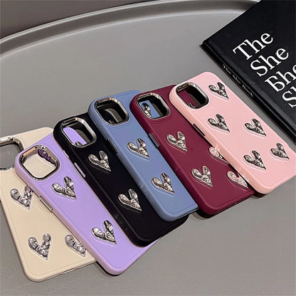 Sliver Love Heart Case For iPhone 13 12 11 14 15 16 Pro XS MAX 8 Plus