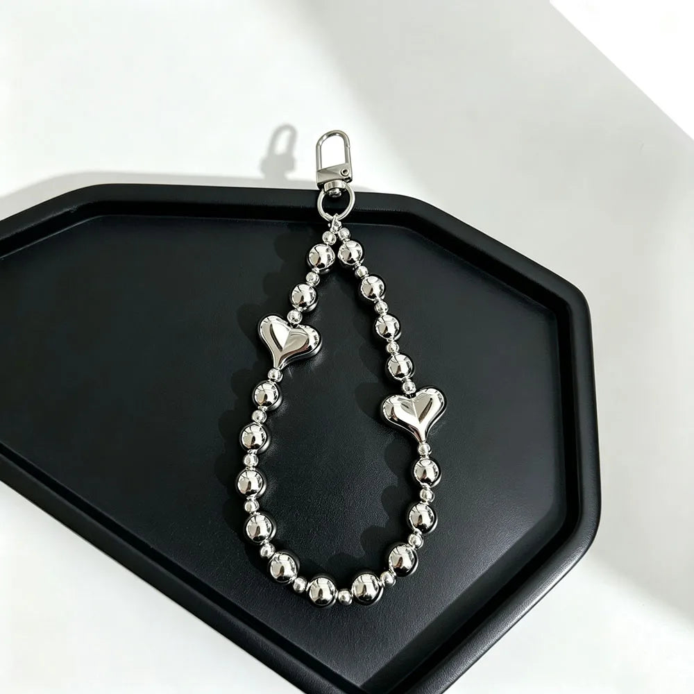 Trendy Silver Color Beaded Phone Hand Strap Premium Metal Look Short Wrist Lanyard Multi-Use Chain for Phone Case Keys & Bags
