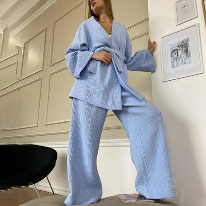 Casual Cotton Sleepwear Women Flare Sleeve Wrap Pajama Sets Nightgown Set Woman 2 Pieces Robes Lace Up Trousers Suits