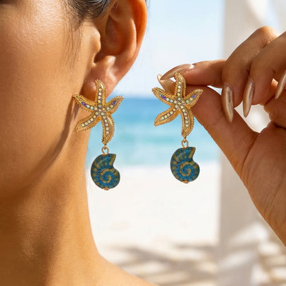 Luxurious Sparkling Zircon Metal Starfish Earrings for Women Bohemia Gold Color Conch Shell Tassel Drop Earrings Beach Jewelry