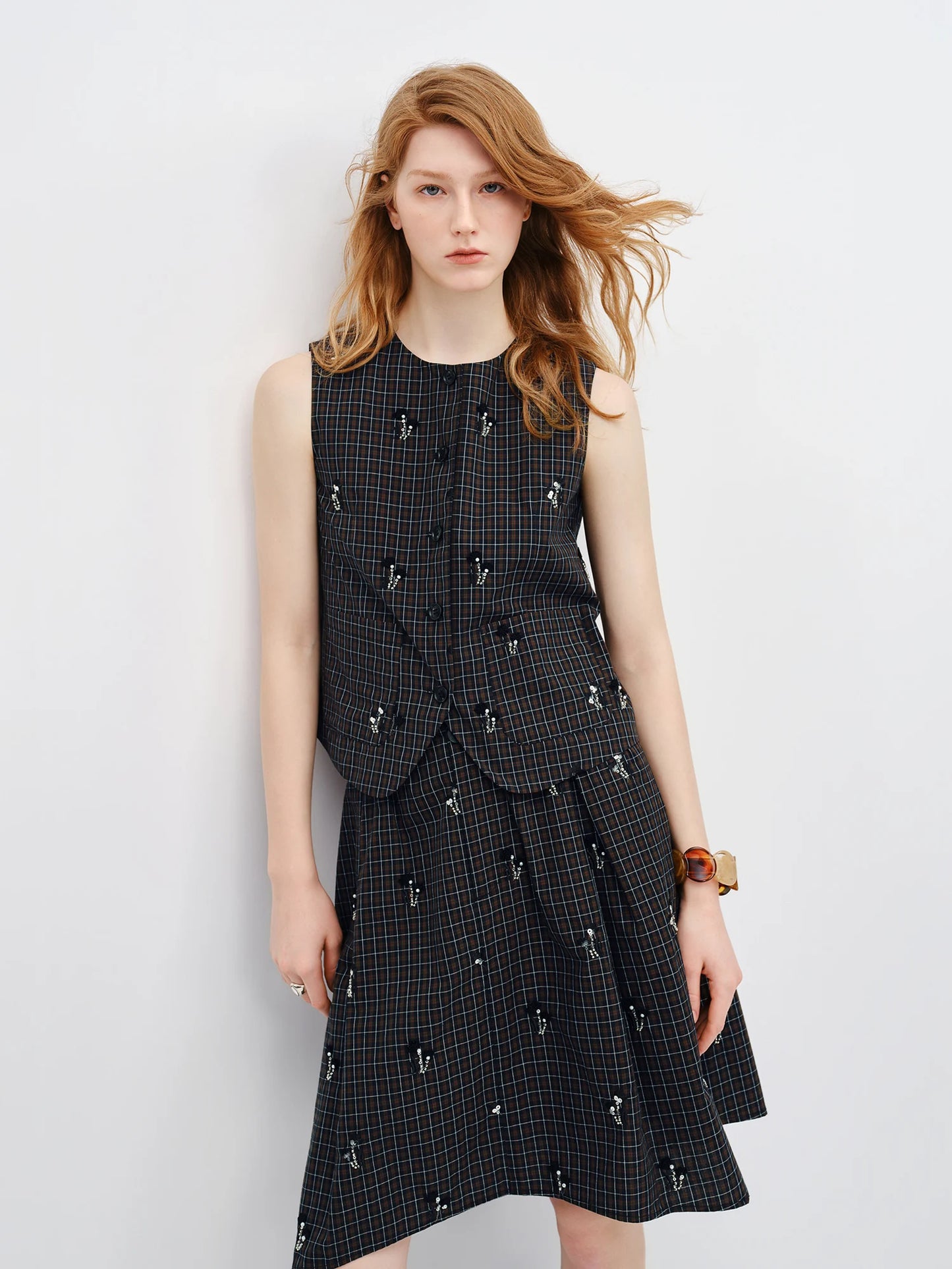 Women's New Vintage Beaded Black Plaid Tweed Vest & Skirt Set | Elegant Lady Two-Piece Outfit