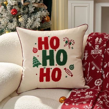 1Pcs Red Christmas Embroidery 'HOHOHO' Snowflake & Gingerbread Man Cushion Pillow Cover Festive