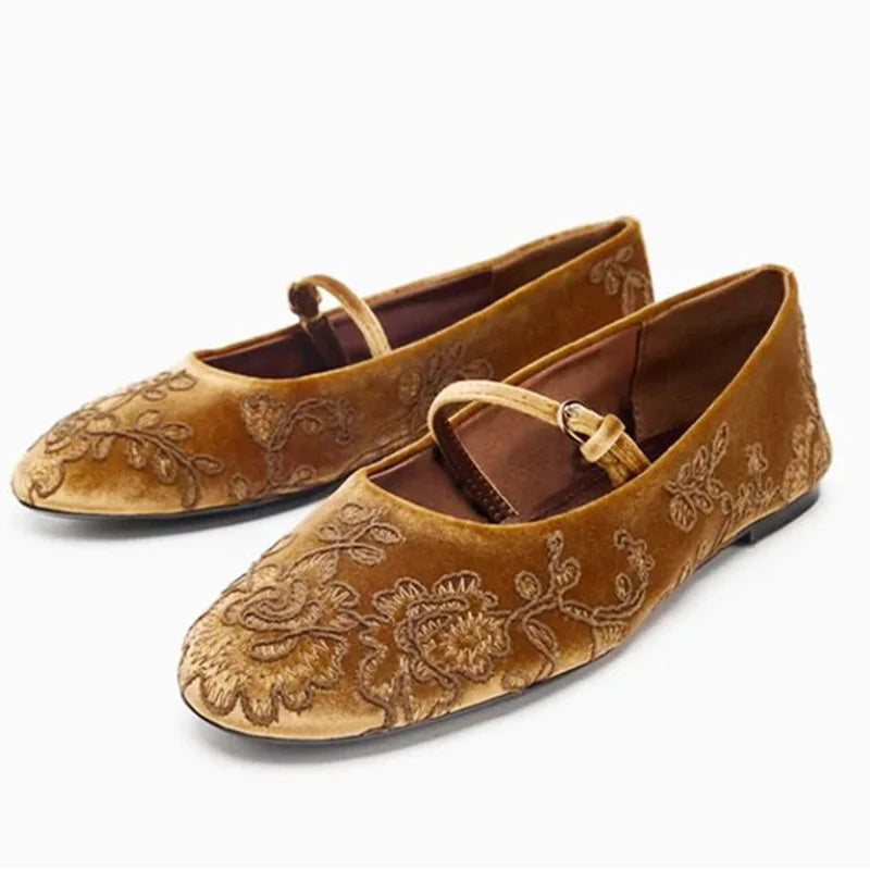 Embroidered Designer Ballet Flats Women Velvet Round