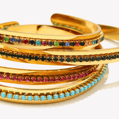 Fashion Waterproof Stainless Steel Shiny Colorful Turquoise Rhinestone Cuff Bracelets For Women