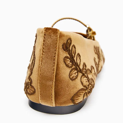 Velvet Effect Embroidered Flowers Ballet Flats Women's