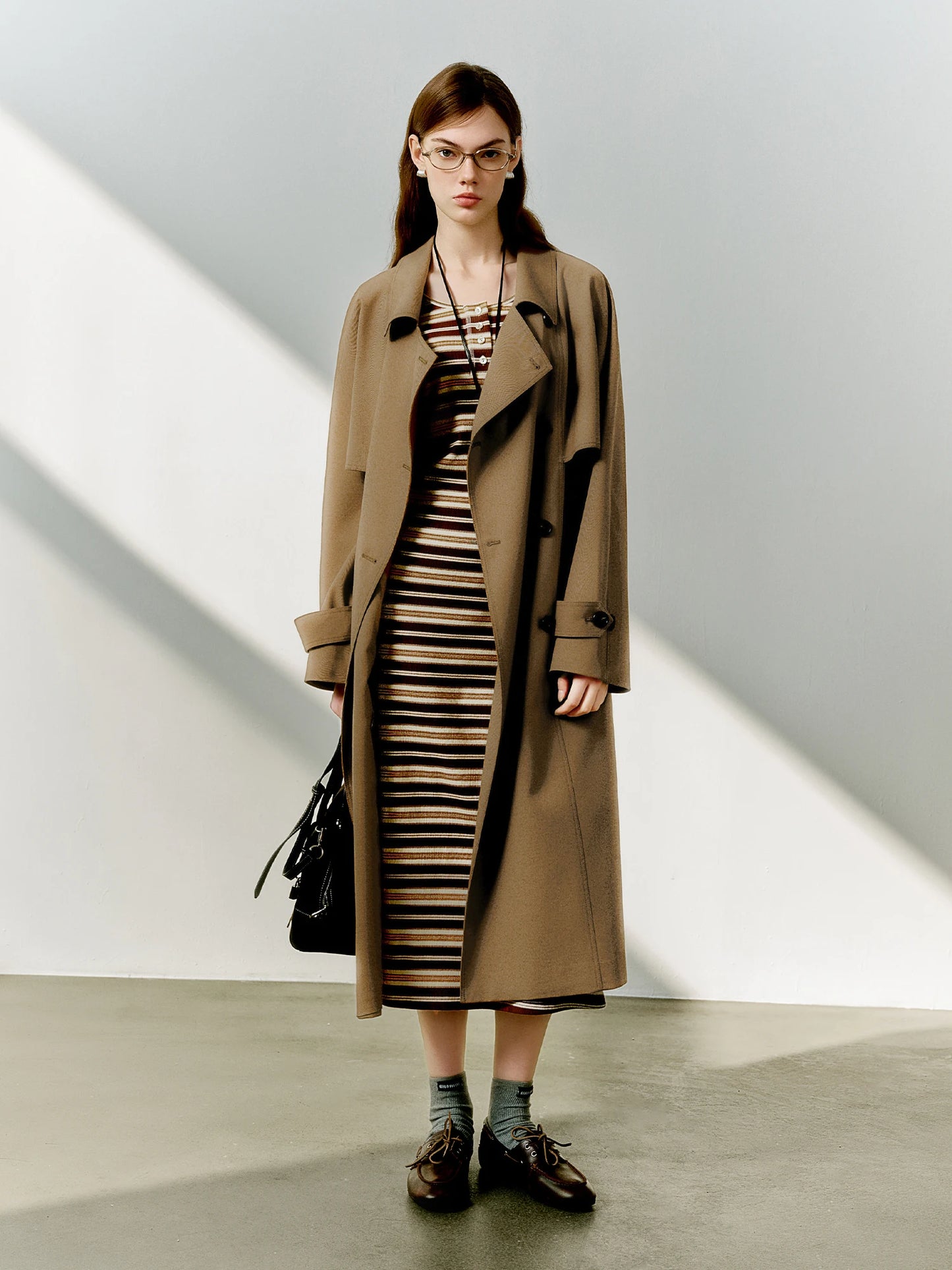 Classic Khaki Double Breasted Long Trench Coat - Spring Oversized Lapel Coat with Belted Waist for Casual and Office Wear