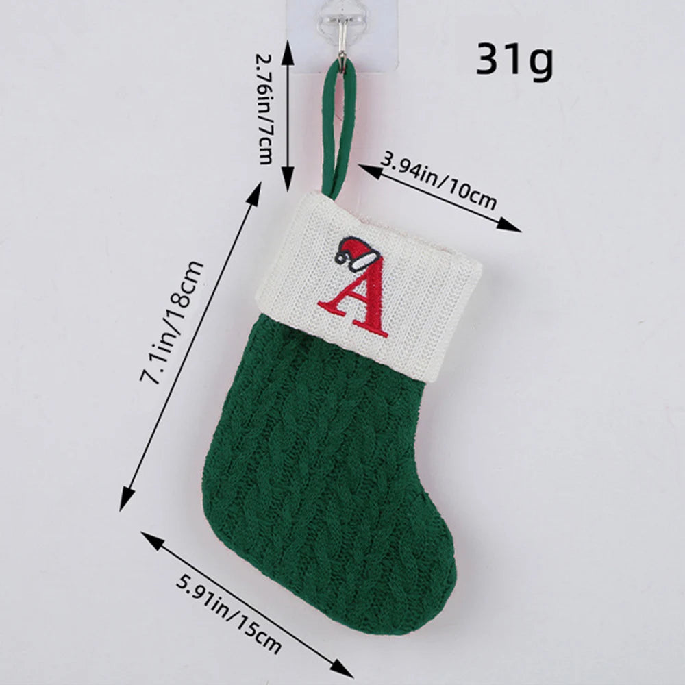 Green A-Z Letter Hanging Christmas Stockings Monogram Knitted Socks