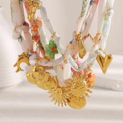 New Fashion 18K Gold Plated Ribbon Flower Starfish Fossil Shell Sun Pendant Necklace Stainless Steel Neck Jewerly