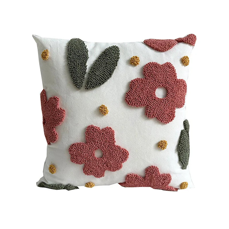 Style Flower Loop Tufted Cushion Cover Pink Plant Embroidered Decorative Pillows