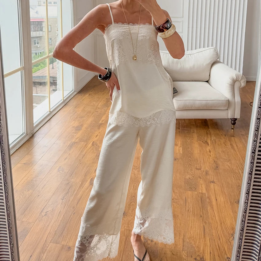 Apricot Casual Lace Loose Woven Pajamas Two-Piece Sleeveless Suspender Vest Elastic Waist Ankel-Length Pants 2026 Autumn