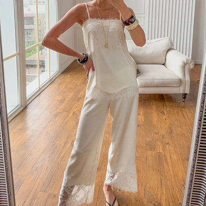 Apricot Casual Lace Loose Woven Pajamas Two-Piece Sleeveless Suspender Vest Elastic Waist Ankel-Length Pants 2026 Autumn