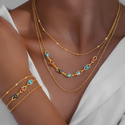 Steel Jewelry Set Layers Fashion Chain Inlaid Colorful Small Eye Design Exquisite Jewelry Set For Women