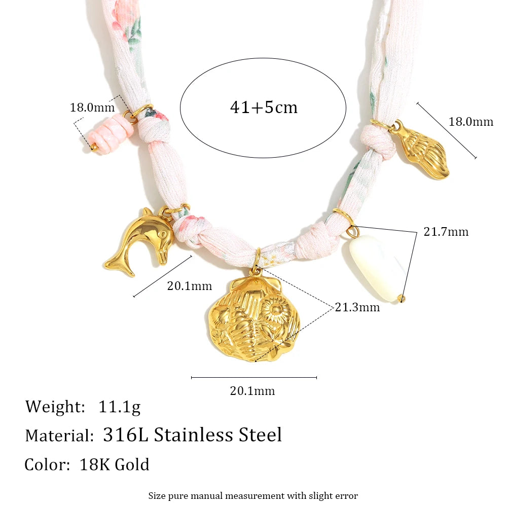 New Fashion 18K Gold Plated Ribbon Flower Starfish Fossil Shell Sun Pendant Necklace Stainless Steel Neck Jewerly