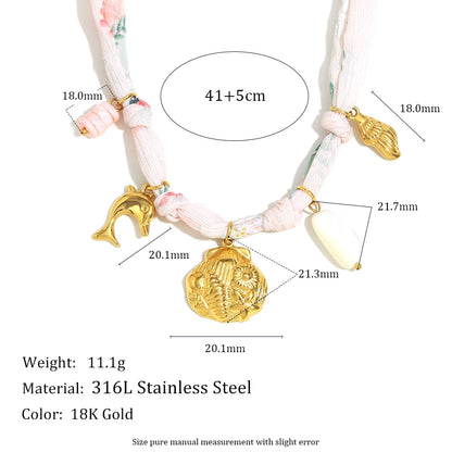New Fashion 18K Gold Plated Ribbon Flower Starfish Fossil Shell Sun Pendant Necklace Stainless Steel Neck Jewerly
