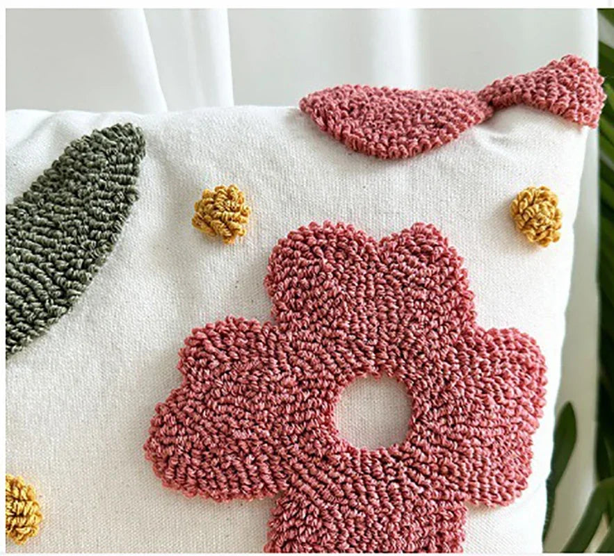 Style Flower Loop Tufted Cushion Cover Pink Plant Embroidered Decorative Pillows