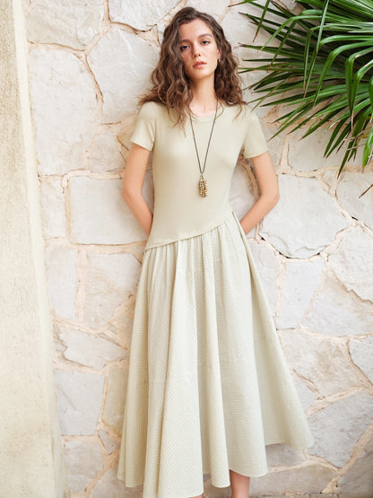 Summer Women Bias-Cut Patchwork Midi Dress Short Sleeve Lyocell Shirt Dress Urban Commute Modern Minimalist Style
