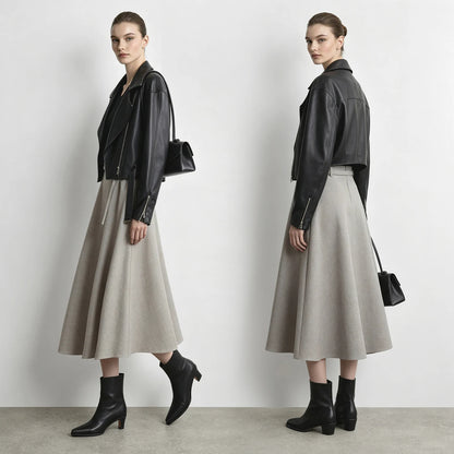 Women's A-Line Midi Skirt with Belt High Waist Loose Fit Slimming Minimalist