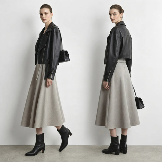 Women's A-Line Midi Skirt with Belt High Waist Loose Fit Slimming Minimalist