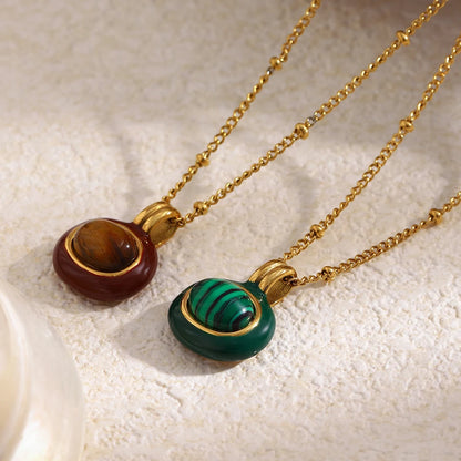 Enamel Framed Natural Stone Pendant Necklace 18K Gold Plated Stainless Steel Chain Hypoallergenic