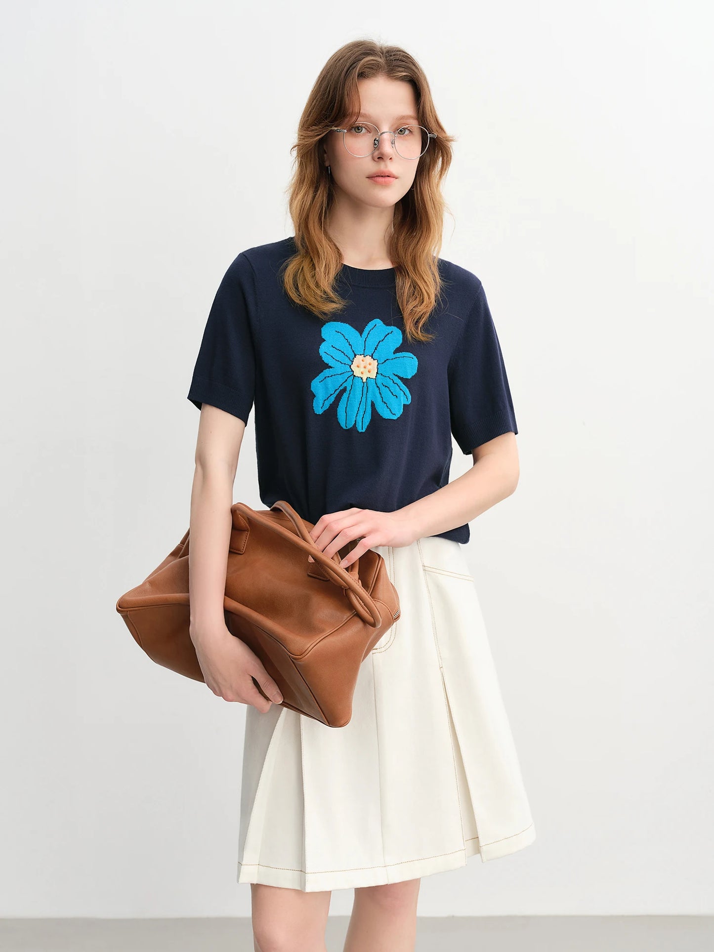Knit Top - Short Sleeve Casual Blouse Women's Daily Wear Soft Patterned T-Shirt