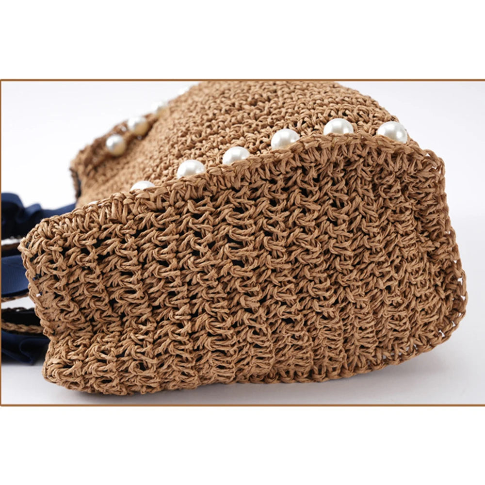 Pearls Straw Bags for Women Bohemian Ruched Handle Handbags Summer Woven Tote Bag Handmade Travel Beach Bag Small Shopper