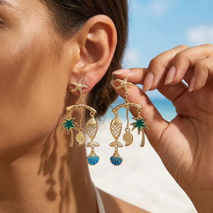 Luxurious Sparkling Zircon Metal Starfish Earrings for Women Bohemia Gold Color Conch Shell Tassel Drop Earrings Beach Jewelry