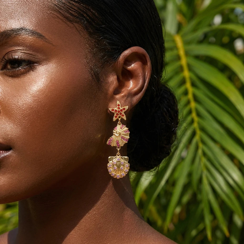 Luxurious Sparkling Zircon Metal Starfish Earrings for Women Bohemia Gold Color Conch Shell Tassel Drop Earrings Beach Jewelry