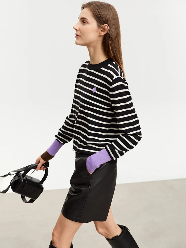 Striped Women's Sweater New Round Neck Asymmetrical