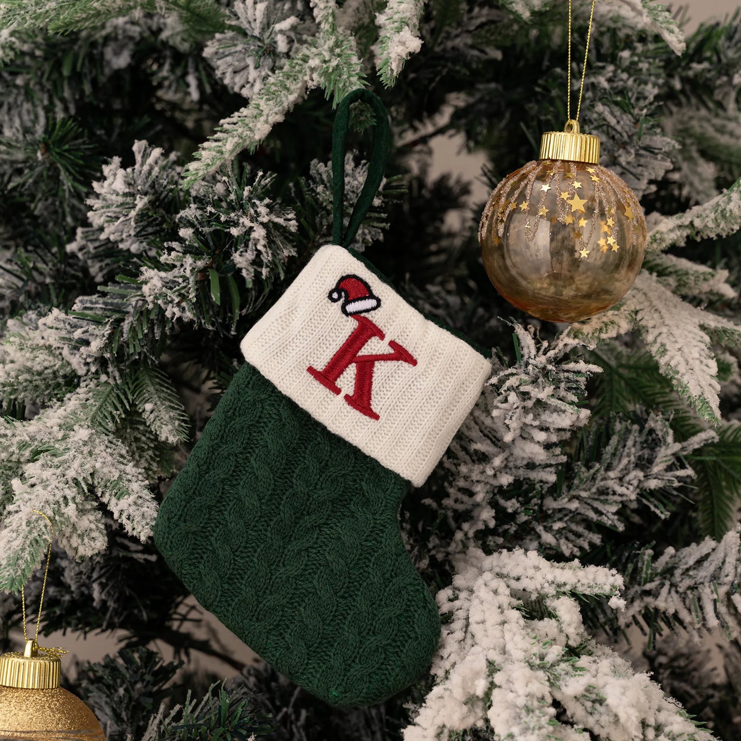 Green A-Z Letter Hanging Christmas Stockings Monogram Knitted Socks