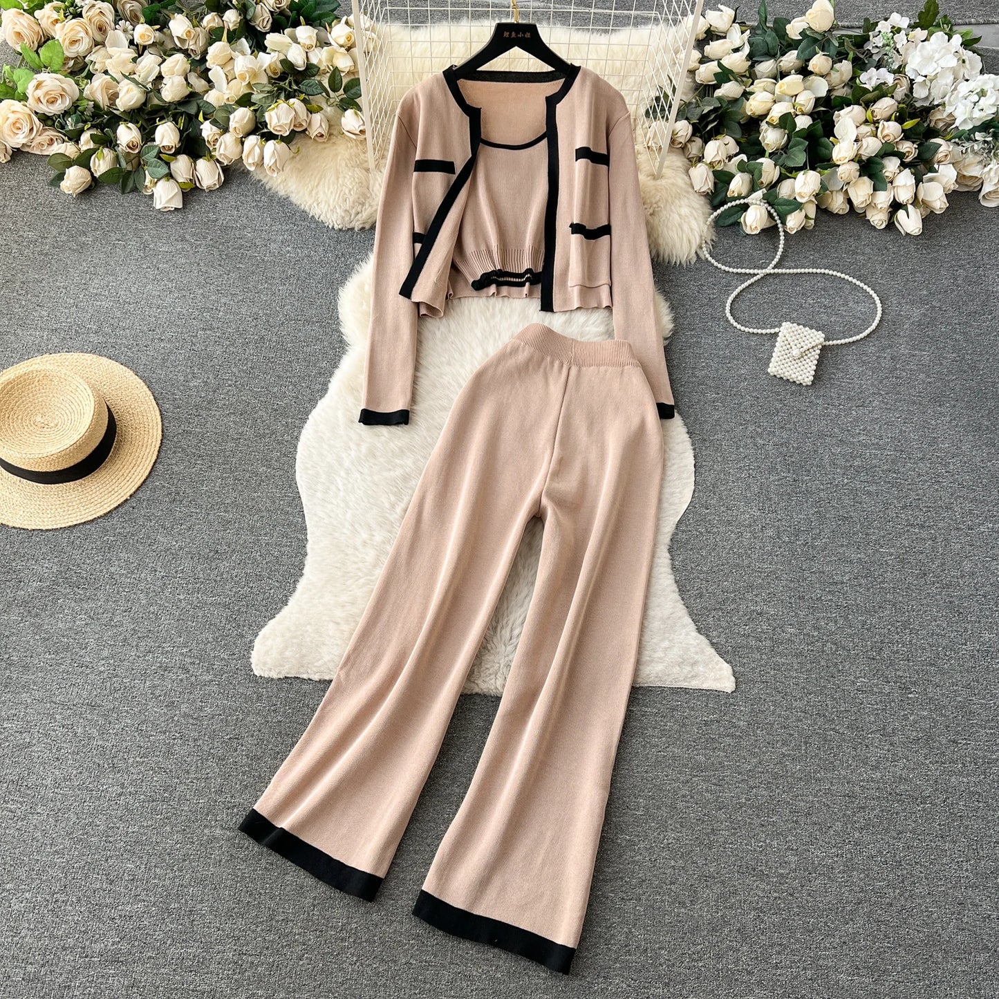 Autumn Knitted Three Pieces Sets Top+Long Sleeves Short Cardigan+Elastic Long Pants Fashion Sweater Set