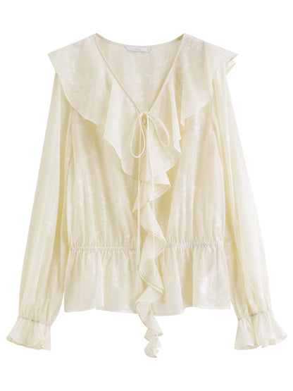 Casual Summer French Ruffle 3Pcs Suit V Neck Flare Sleeve Loose Top High Waist Short Skirt