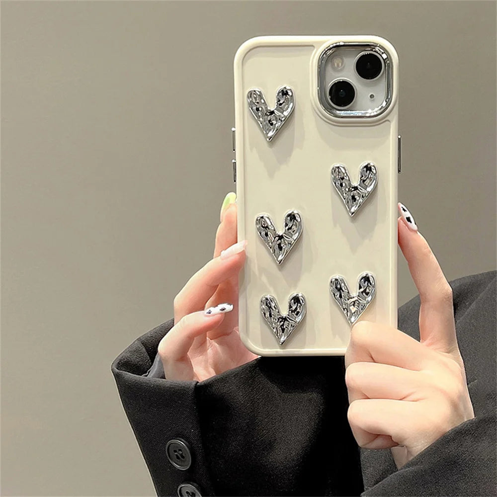 Sliver Love Heart Case For iPhone 13 12 11 14 15 16 Pro XS MAX 8 Plus