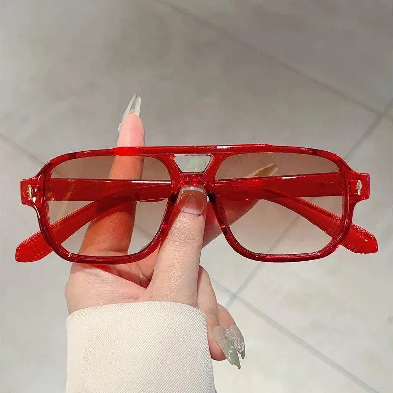 New Vintage Double Bridges Square Sunglasses Fashion Rivets Ocean Lens UV400 Eyewear Women Trending Traveling Sun Glasses