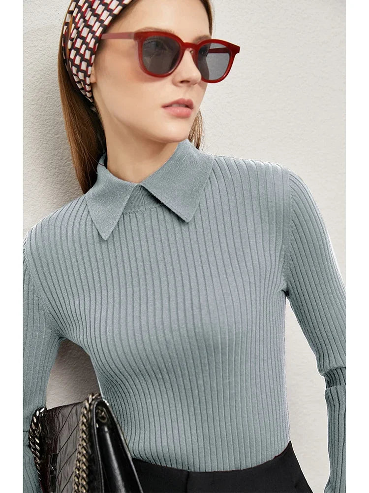 Minimalism Sweater for Women Autumn New Office Lady Basic Lapel Striped Slim Knitted Tops