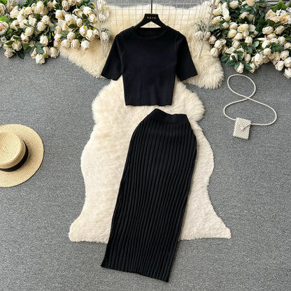 Two Piece Sets Women Top Elastic Waist Long Skirt