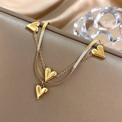 Stylish Heart Pendant Waterproof Gold Plated Steel Bracelets for Women Double Layer Bracelet Charm Fashion Jewelry