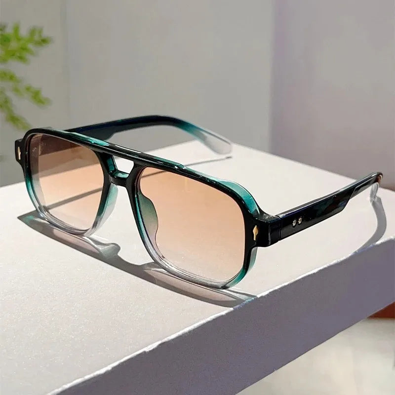 New Vintage Double Bridges Square Sunglasses Fashion Rivets Ocean Lens UV400 Eyewear Women Trending Traveling Sun Glasses