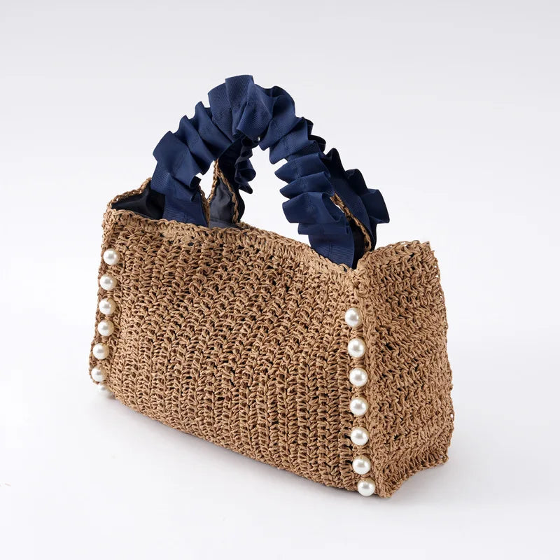 Pearls Straw Bags for Women Bohemian Ruched Handle Handbags Summer Woven Tote Bag Handmade Travel Beach Bag Small Shopper