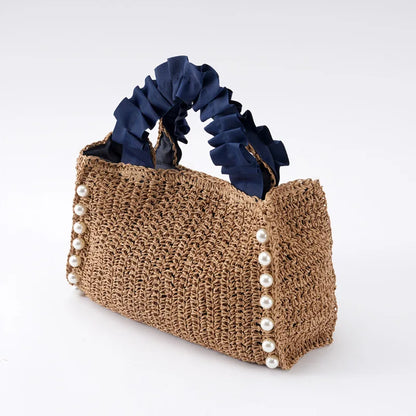 Pearls Straw Bags for Women Bohemian Ruched Handle Handbags Summer Woven Tote Bag Handmade Travel Beach Bag Small Shopper