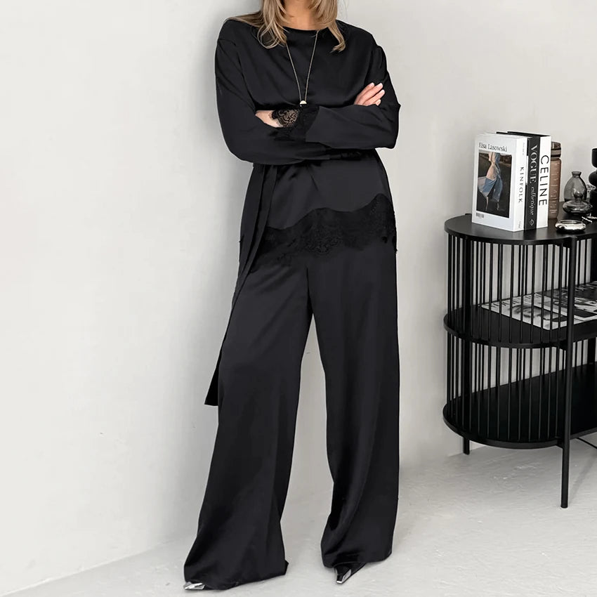 Black Fashion Loose Woven Elastic Ladies Pajamas Two-Piece Round Neck Long Sleeve Lace Top Elastic Waist Full Length Pants
