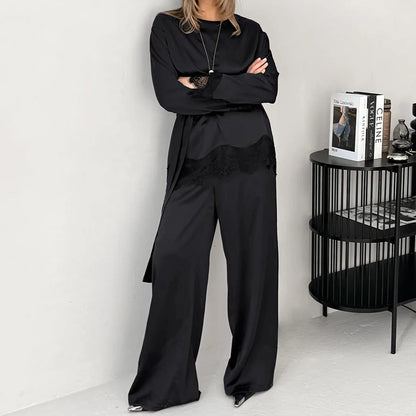 Black Fashion Loose Woven Elastic Ladies Pajamas Two-Piece Round Neck Long Sleeve Lace Top Elastic Waist Full Length Pants