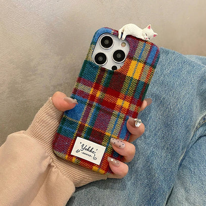 Fashion Warm Plush Plaid Grid Pattern 3D Cat Case For iPhone 16 15 14 13 12 Pro Max Creative Bumper Back Cover