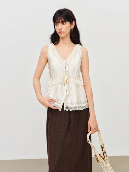 Women's 2026 Summer New Arrival Pearlescent Lace Sleeveless Blouse V-Neck Elegant Top V-neck Lace Decoration Shirts