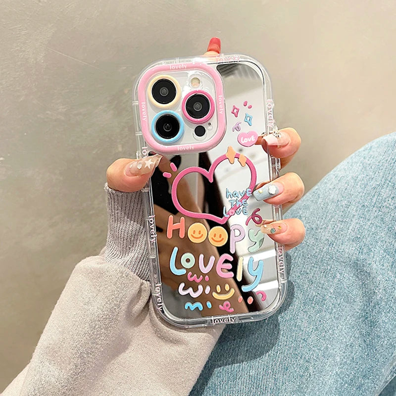 Lovely Girl Heart Mirror Phone Case For iPhone 11 12 13 14 15 16 Pro Max Back Cover